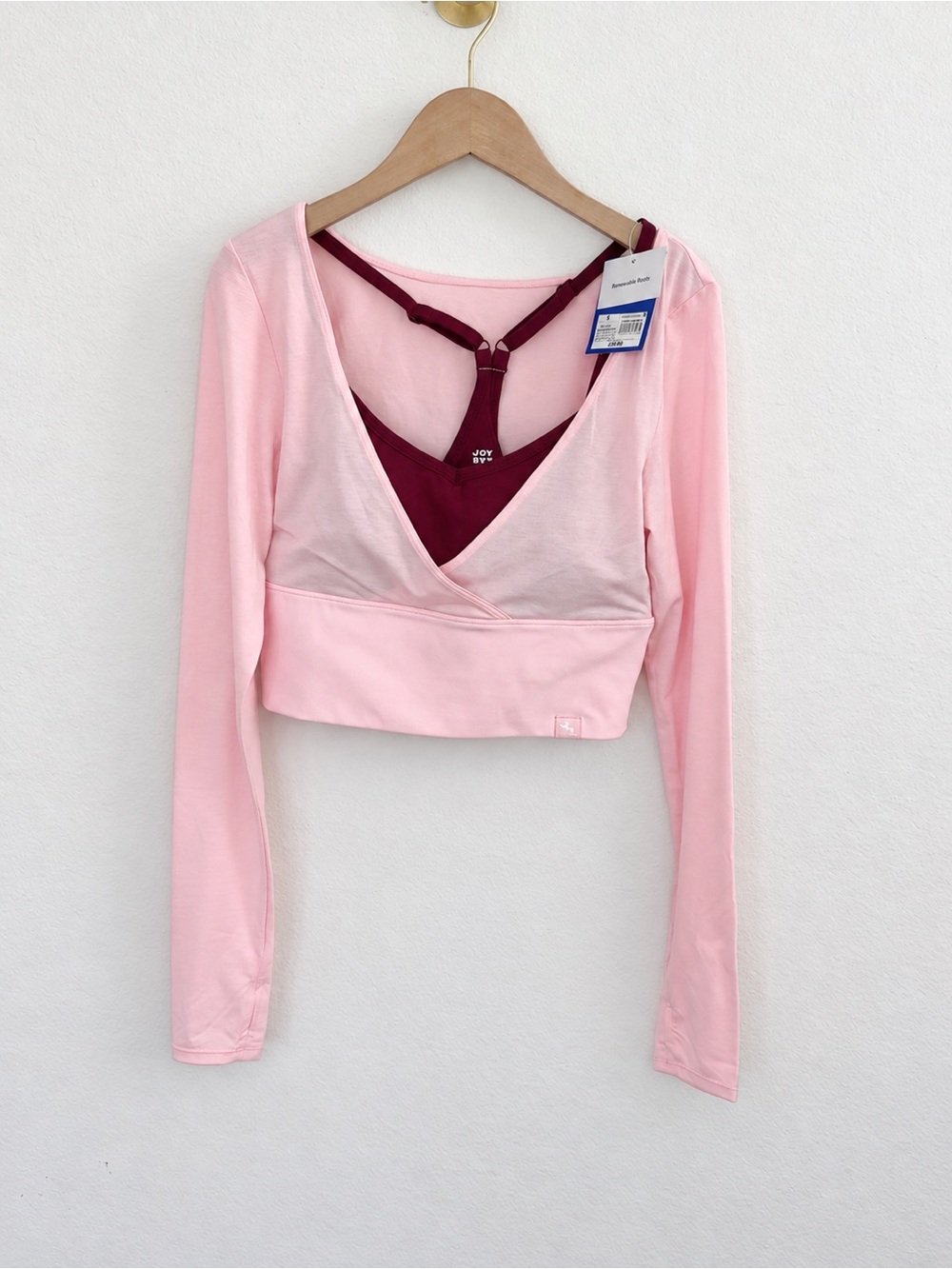 JoyLab Pink Wrap Long-Sleeve Crop Top with Maroon Built-In Tank